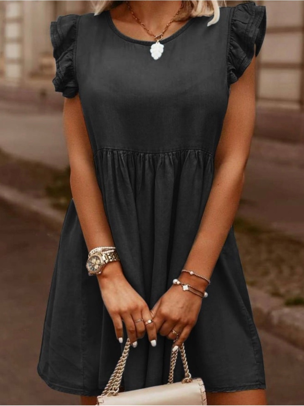 Women’s Black Ruffle Sleeve Babydoll Flutter Cap Sleeve Dress NWT SIZE Large
